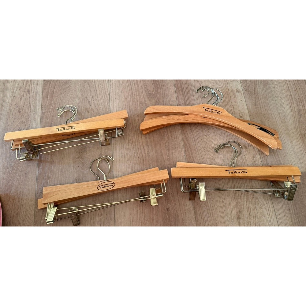 Talbots Wooden Clothes/Pants Hanger Natural Wood Metal Clips - Lot Of 14